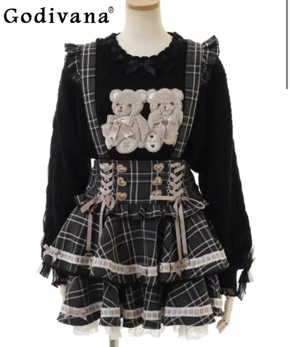 Japanese Mine Liz Sweet Girls Plaid Skirt Women's High Waist Bow Lace Strap Skirt Women's Loose Bear Print Sweater Top Spring