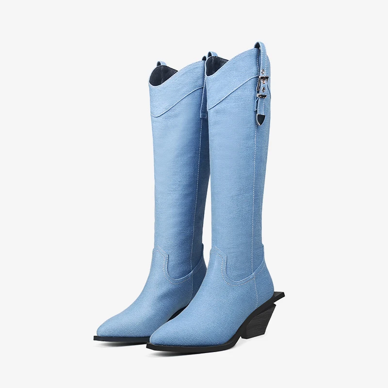 

Blue denim winter shoes 7cm high heels slim handmade square toe concise elegant women knee-high boots HL477 MUYISEXI