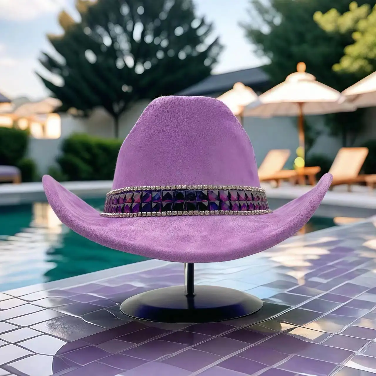 HongLuan Violet Disco Kostüm Hut Erwachsene & Cowboyhüte Strass für Frau, Cowboy Cosplay Damen Accessoires & Cowgirl Cap