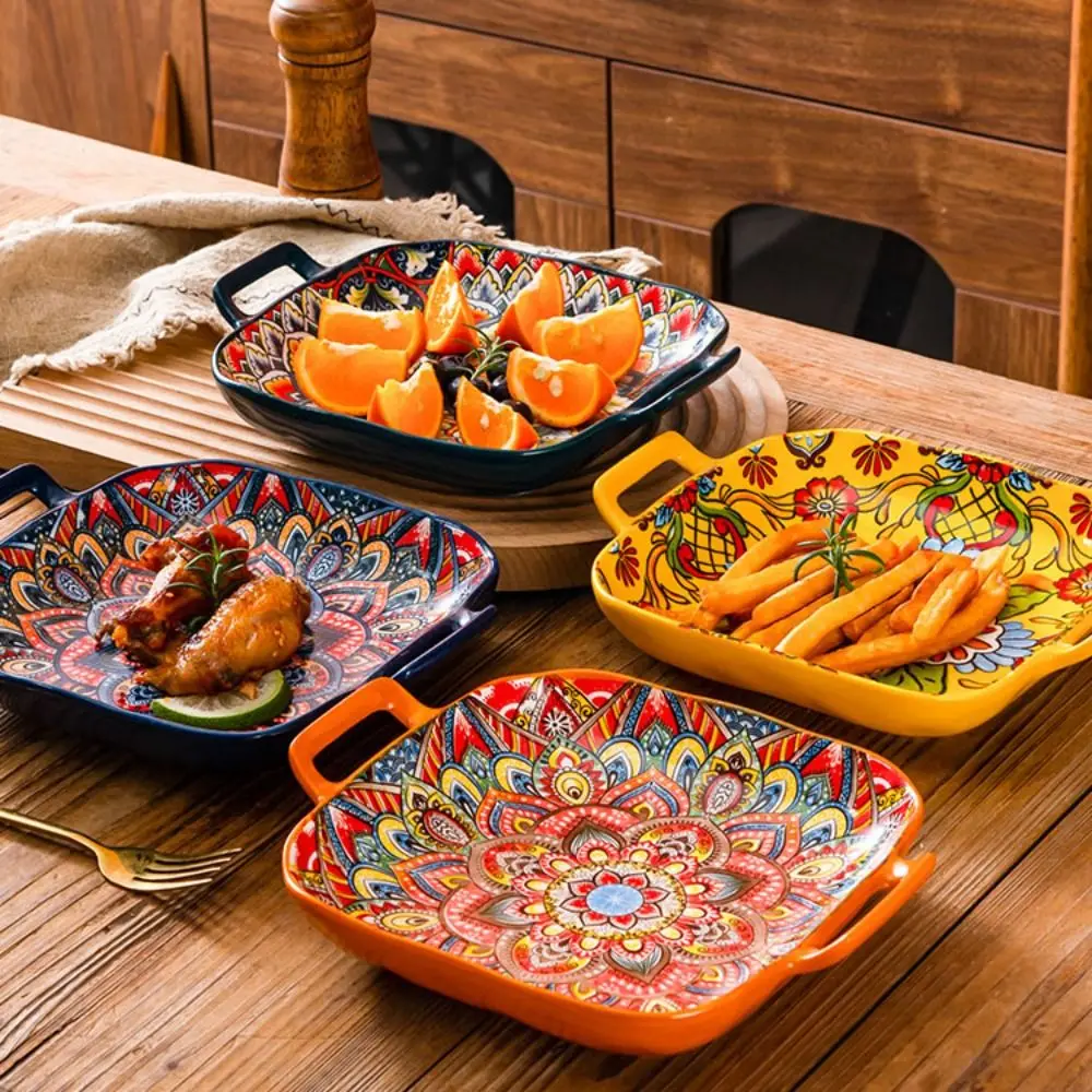 Dinnerware Binaural Handle Bohemian Ceramic Plate Square Retro Salad Dish Colorful Fruit Plate Microwave