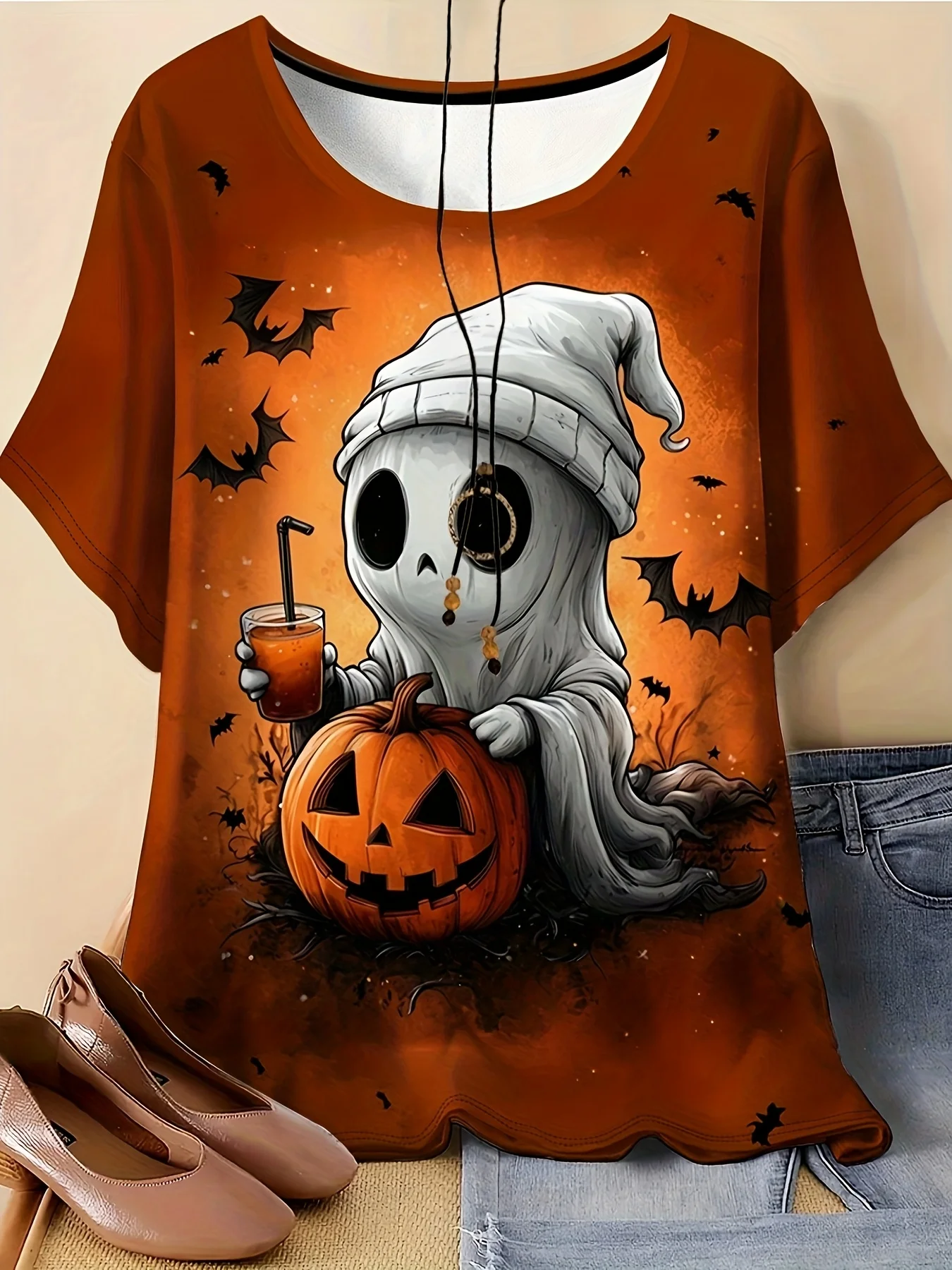 2026 New Women's Halloween Tee Cartoon Ghost Pumpkin Bat Print Crew Neck Loose Short Sleeve Top Festival Holiday Fashion Clothes