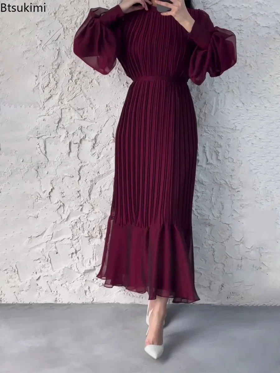 2024 Women\'s Long Pleated Party Dress Spring Ladies Round Neck Temperament Maxi Dress Elegant Casual Evening Dresses Robe Female