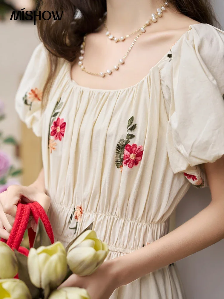 MISHOW Fairycore Printing Flower Dresses for Women 2023 Summer A-line Square Collar Puff Sleeve Elegant Holiday Dress MXC35L1521