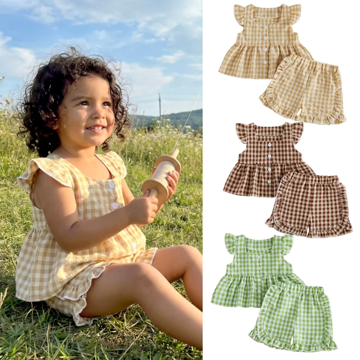 0-4Y Toddler Girls Plaid Outfits Summer Fly Sleeve Square Neck Tops Elastic Waist Shorts Baby Girls Retro Casual 2Pcs Sets