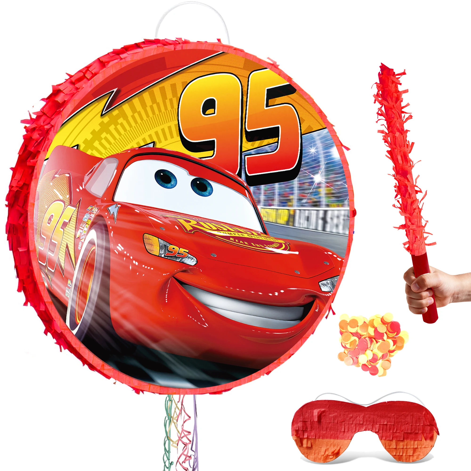 4 Pcs Lightning McQueen Round Pinata Set - Cars Themed Pinata&Cars Party Pinata Sticks Eye Masks etc Lightning McQueen Pinata Supplies for Cars Birthday Party Decorations