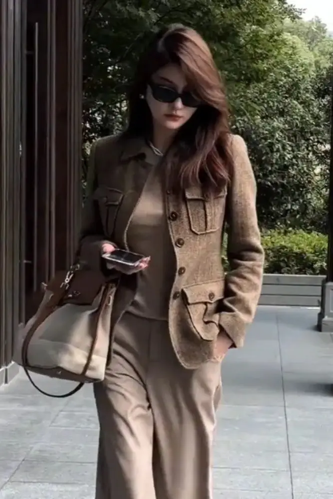 

Insozkdg High end Retro Coffee Wool Coat Women Clothing Autumn and Winter Commuter Casual Slim Fit Short Suit Jacket Women Tops