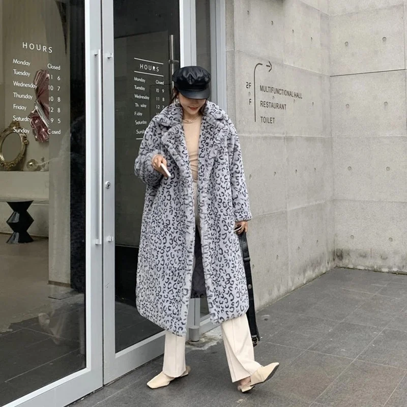 Winter Thick Warm Weight 1.7kg-1.9kg Women Long Faux Rabbit Fur Coat Casual Loose Leopard Imitation Teddy Fur Jacket Female Coat