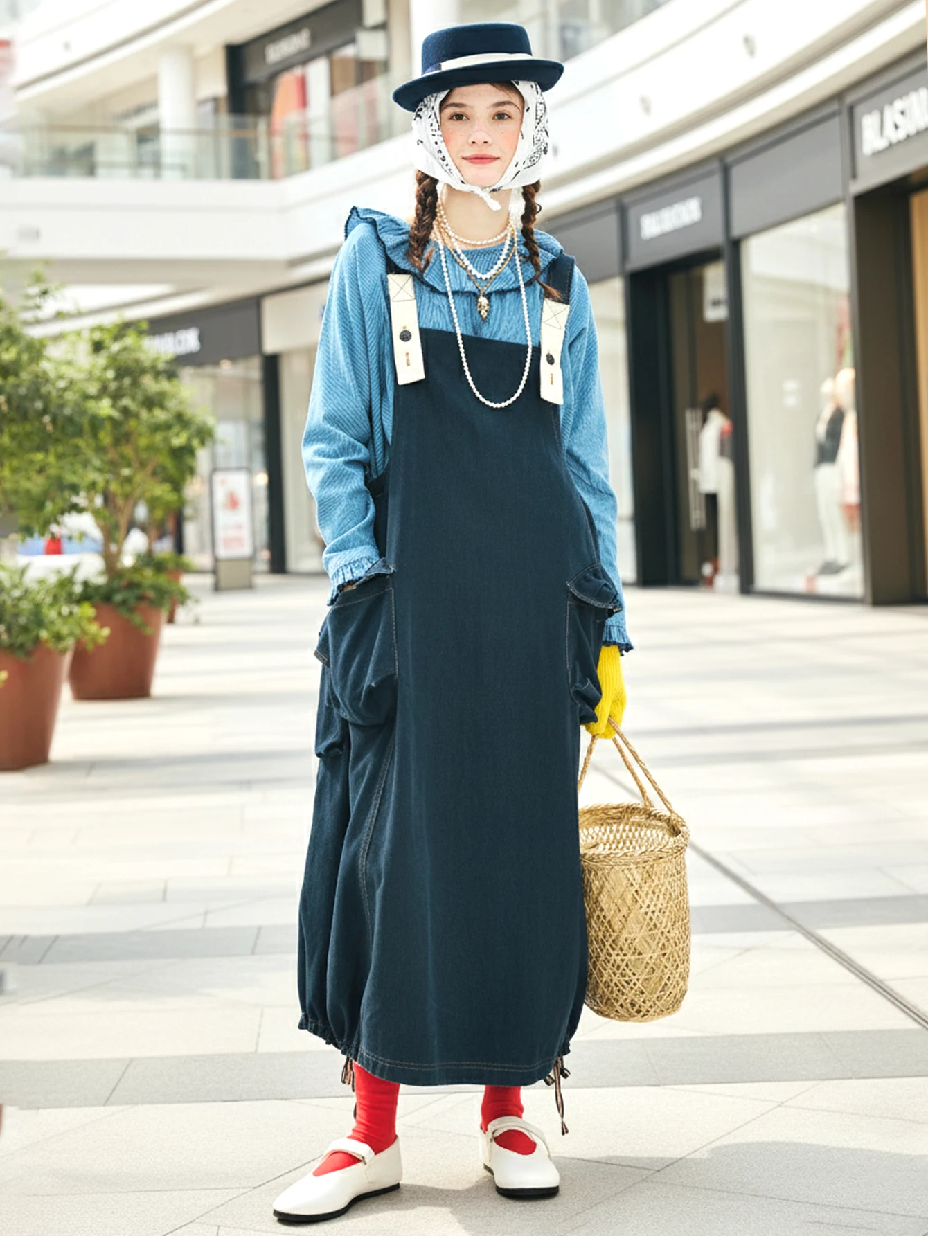 

Blue Striped Pullover Shirt Ruffled Neckline Vintage Rural Style For Daily Work/Outings Sweet & Healing Vibe 255232
