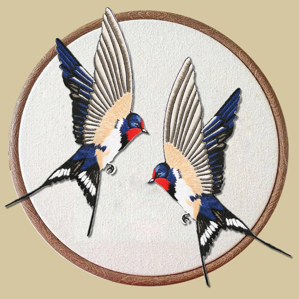 Chinese Style Embroidery Cloth Stickers, Swallows Patch, Iron on Clothes Bags Decorative Appliques, 1 Pc