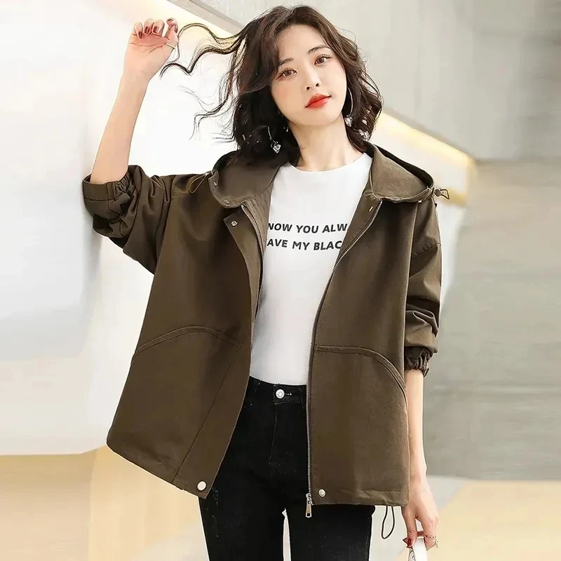 

(Double) Fashion Solid Color Hooded Coat Women 2024 Spring Autumn New Korean Loose Casual Long-sleeved Jacket Trench Coats Lady