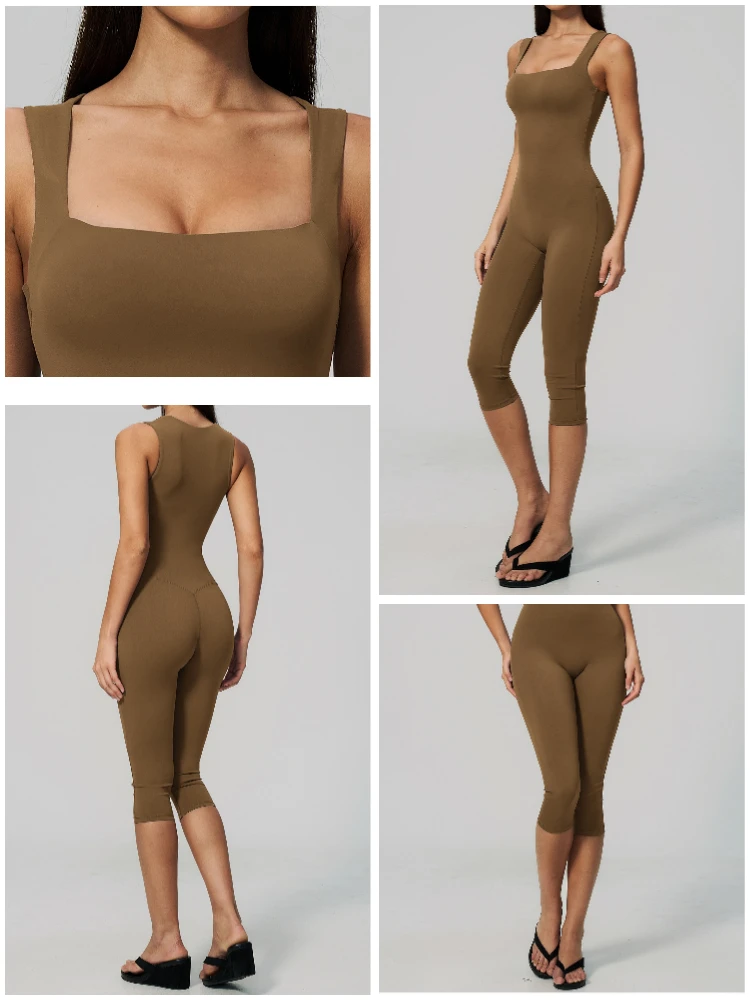 VITALINOVO Damen Ärmelloser Yoga-Romper mit eckigem Ausschnitt, einteiliger nahtloser gepolsterter Tank-Top-Jumpsuit, Capri-Leggings, Workout-Romper – Detail 12
