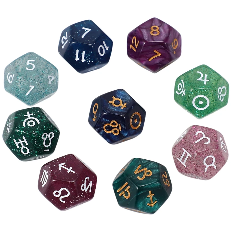 9Pcs Pearl 12-Sided Astrology Zodiac Signs Dice For Constellation Divination Toys Creative Multi Sided Dice Type A