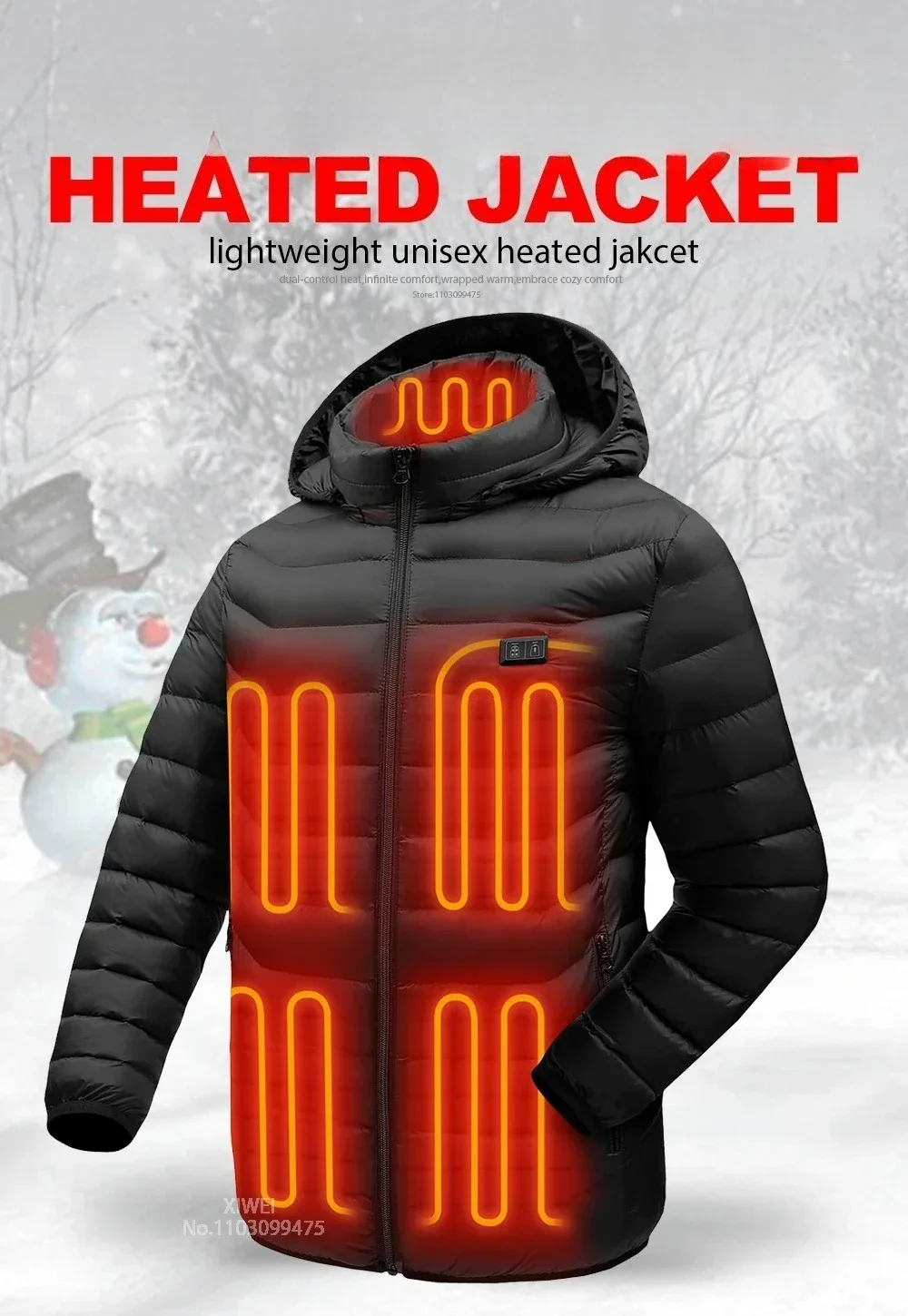 Selbstheizende Jacke, Unisex, beheizte Daunenjacke, thermische Baumwollkleidung, für Jagd, Wandern, Camping, Skifahren, Schnee, beheizter Mantel, 2-25 Heizzonen. – Detail 6