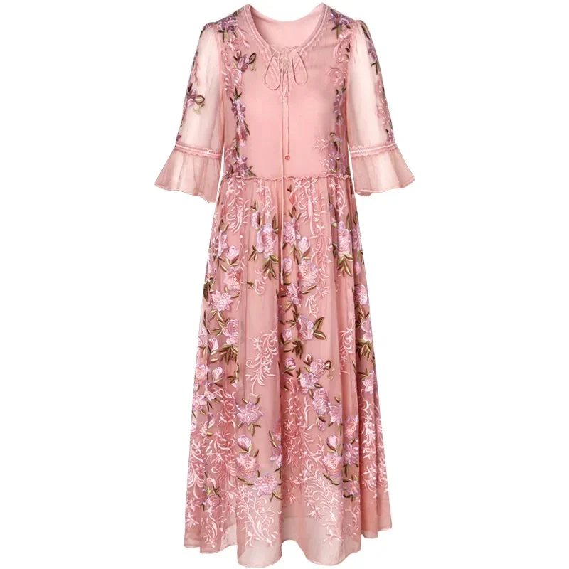 Heavy Industry Embroidery Imitation Silk Dress Women Summer 2023 New Fashion Loose Medium Length Fragmented Mulberry Silk Skirt