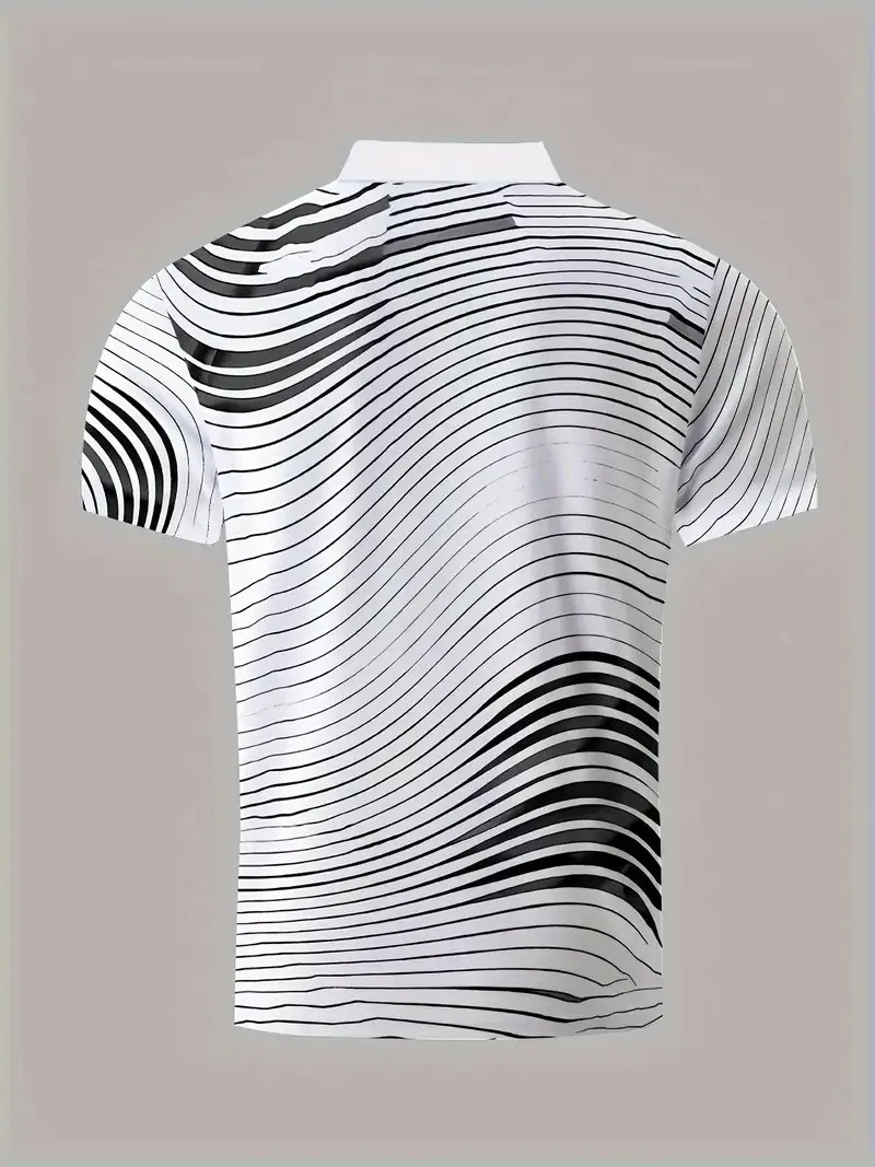 Men's Zip Polo Shirt, Lapel Golf Shirt, Geometric Line Pattern Print, Lapel Short Sleeve Zip Top, Loose Plus Size Men's Tops