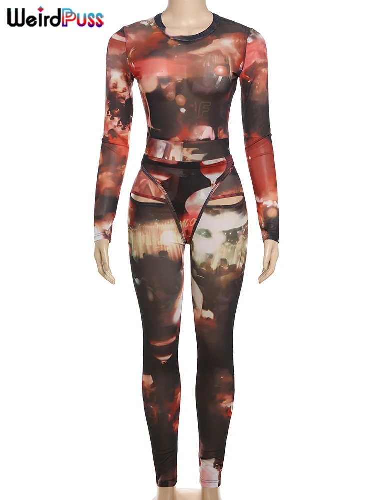 Weird Puss See Through Women 2 Piece Set Sexy Long Sleeve Skinny  t-Shirt+Leggings Matching Streetwear Skinny Elastic Outfits