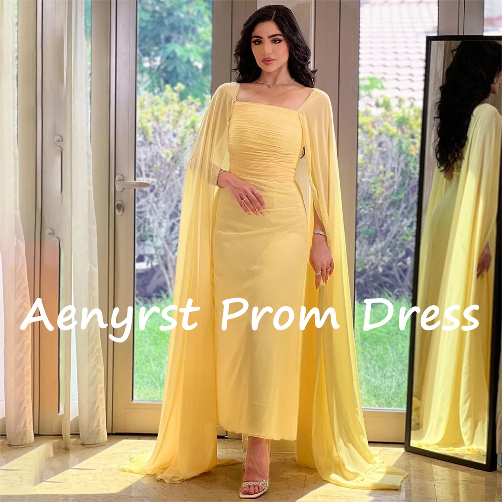 Aenyrst Gele Lange Mouwen Prom Jurken Chiffon Vierkante Kraag Saudi Arabia Avondjurken Enkellange Formele Feestjurk