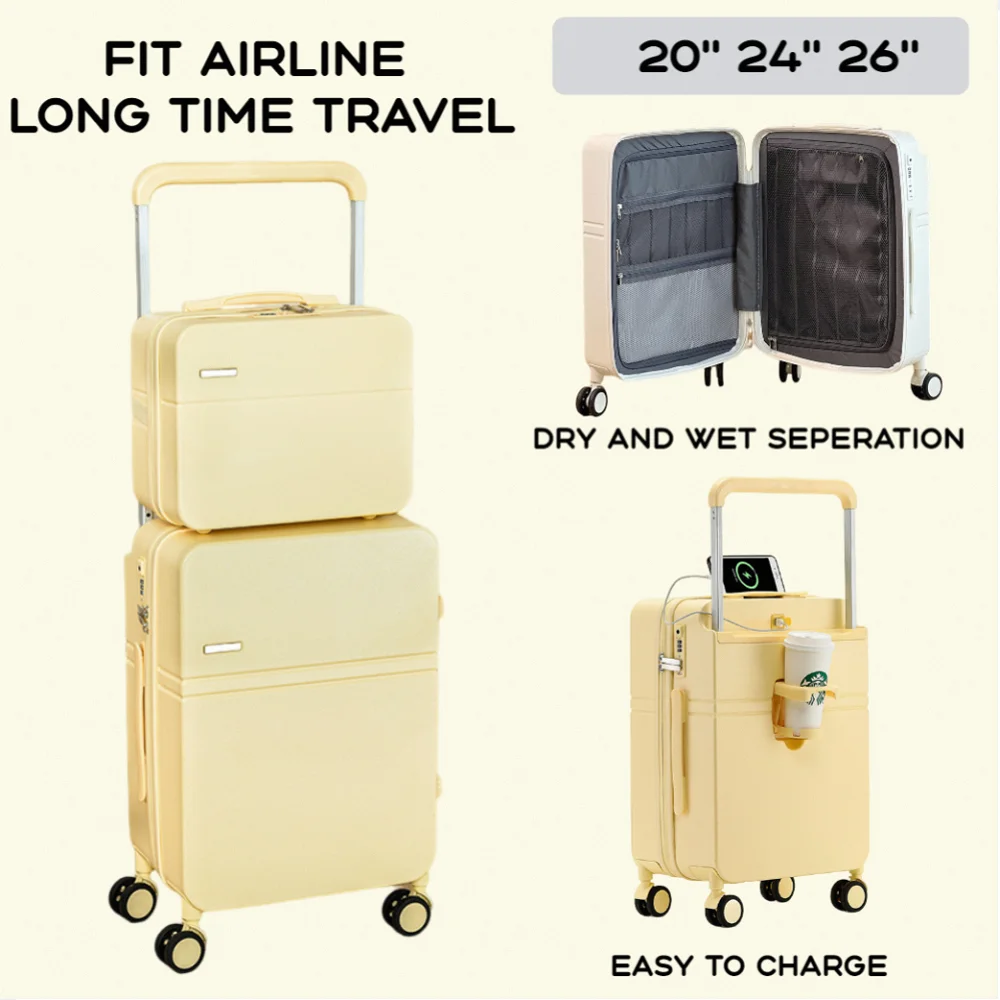 2024 New Design Large Capacity Suitcase Wide Handle Men Women Carry-On Luggage Travel Trolley Case USB Charging 20/24/26 inch