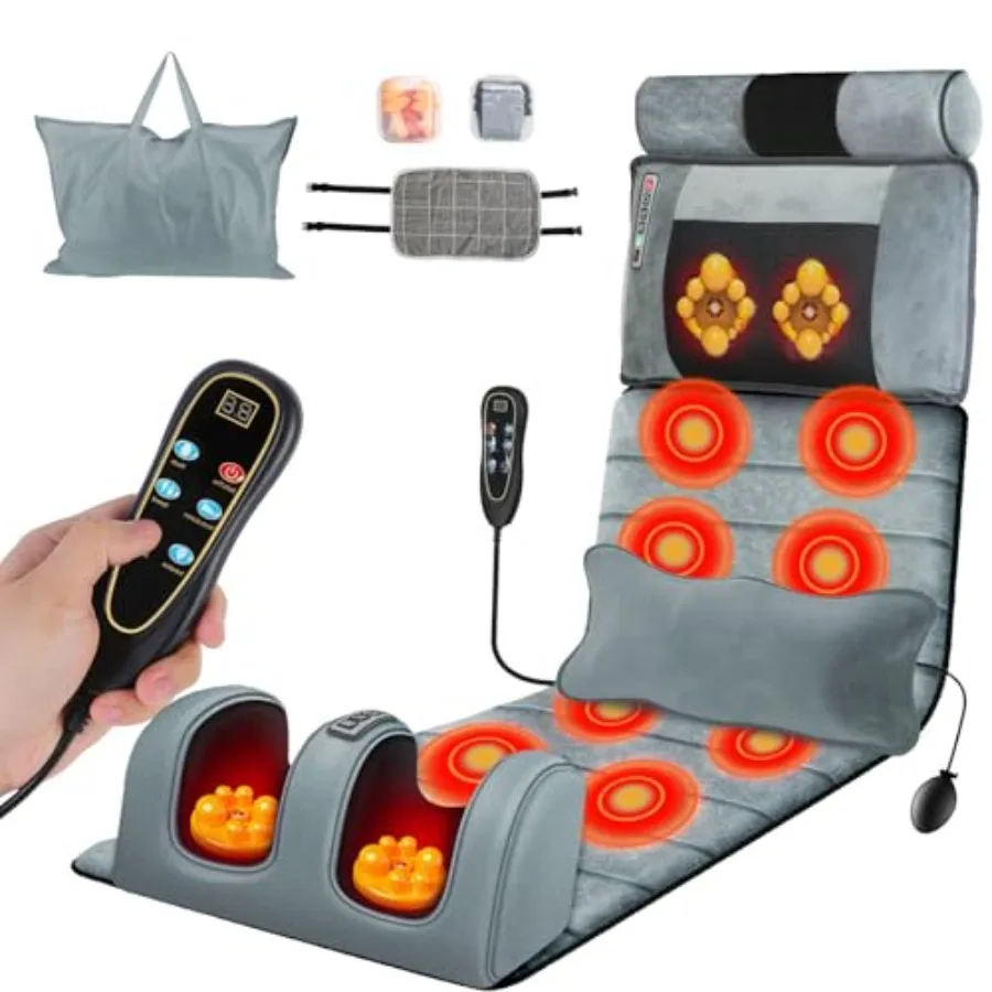 Electric Massage Mat with Heat for Full Body Relief: Back Neck Foot Massager with Detachable Lumbar Head Pillow Vibration Knead