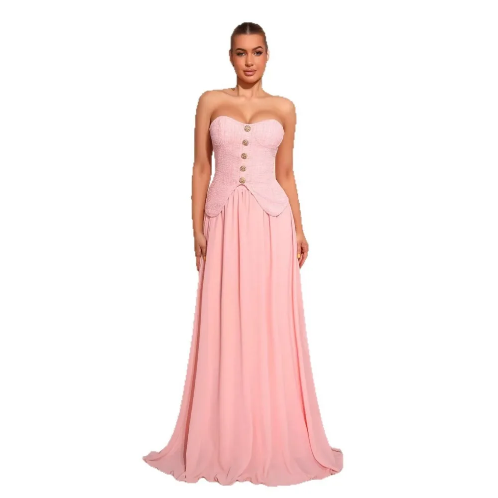 

Sexy Pink 2 Piece Dress Sets Strapless Backless Tube Tops and Pleated Loose Skirt for Elegant Wedding Guest Evening Party Gowns