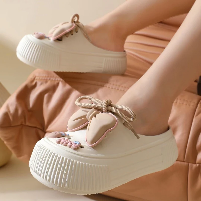 2025 New Slippers DIY Bow Platform Sandals for Women Summer Thick Sole Beach Slides Woman Flowers Non Slip Clogs Garden Shoes