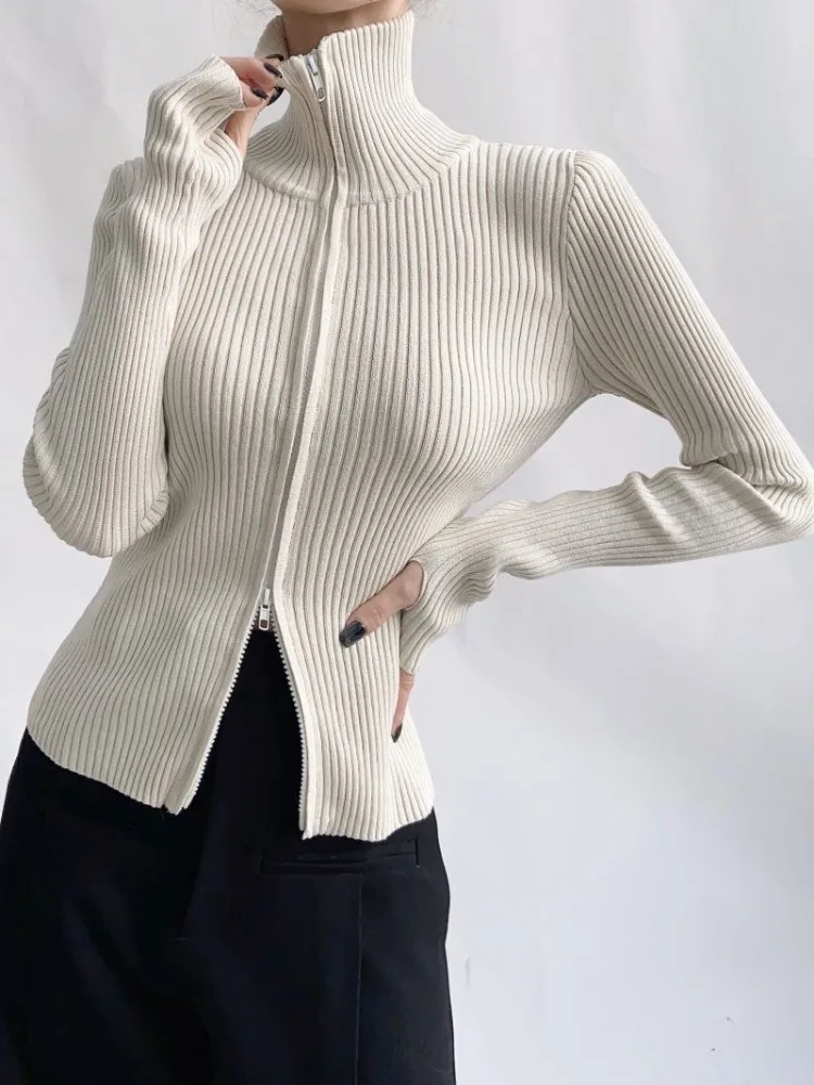 Knitwear Women Cardigan Coat Temperament Vintage Sueter Turtlenevk Double Zippers Pull Femme Autumn Casual Ribbed Sweater Tops