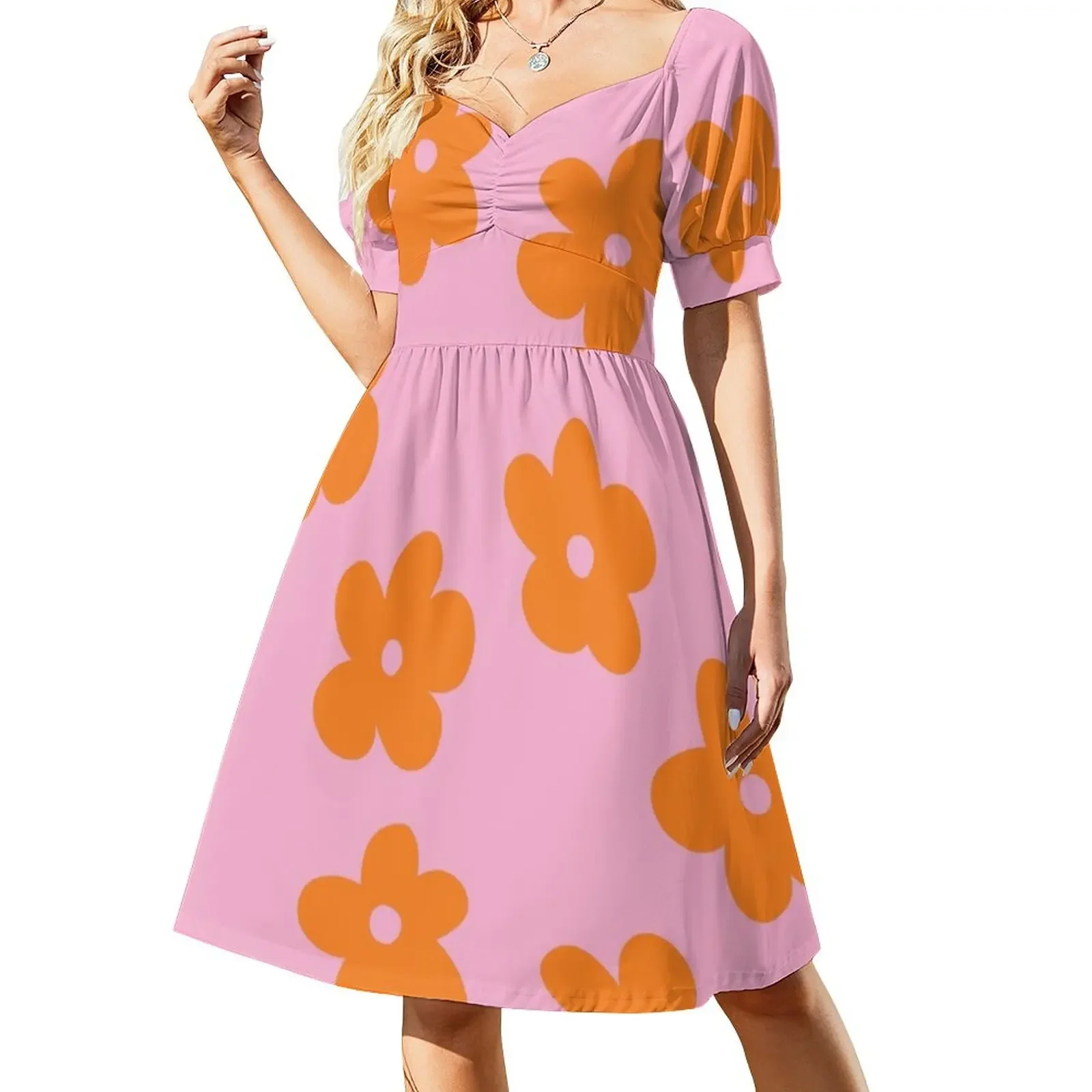 

Pink and Orange, Retro, Groovy Flowers Pattern Short-Sleeved Dress Dress women Women's dress