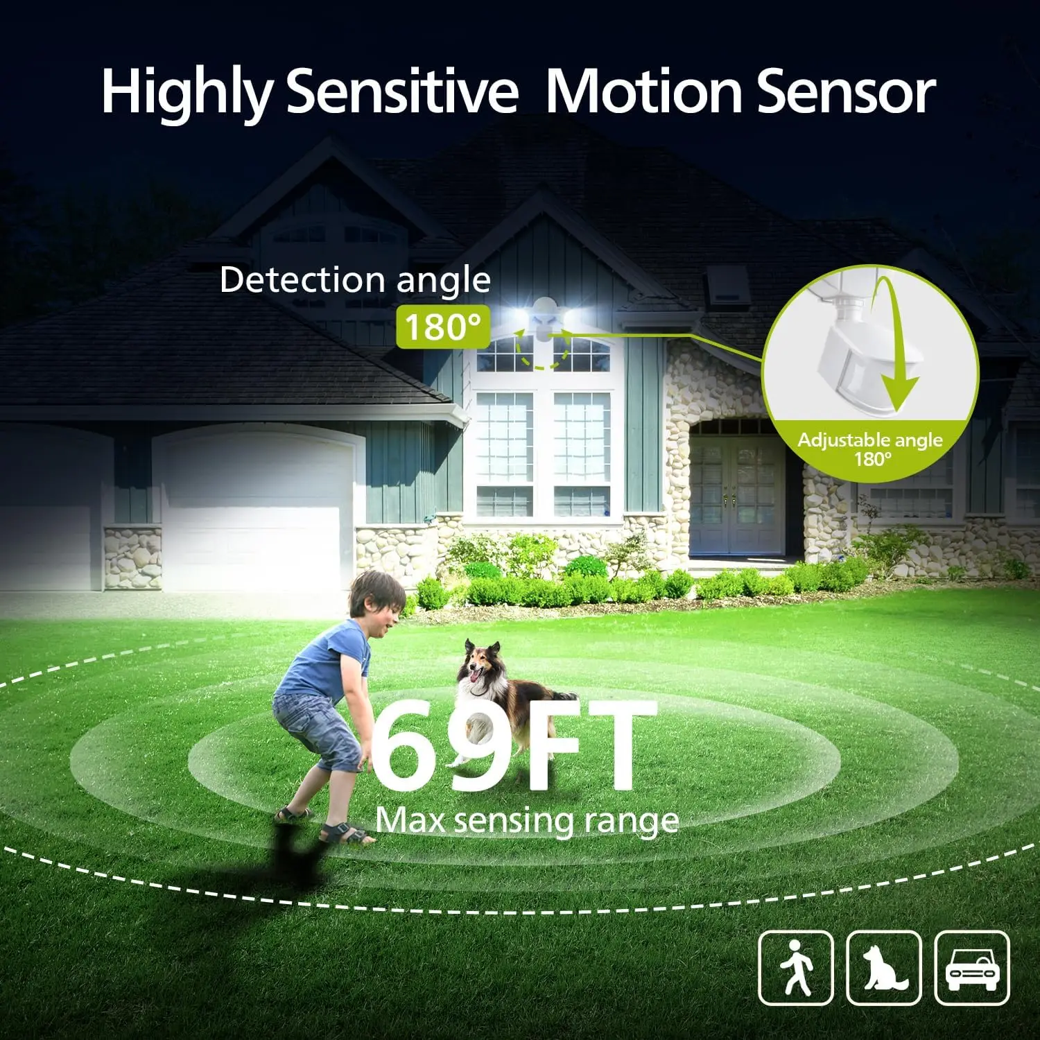 Luce di sicurezza a LED da 44 W 4200 lm con sensore di movimento PIR, luce di inondazione esterna impermeabile, dal tramonto all'alba, 2 teste, 4 modalità