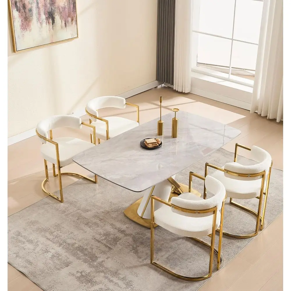 Par de cadeiras de jantar estofadas em forma de barril modernas com pernas douradas, cadeiras com detalhes brancos para cozinha e sala de estar