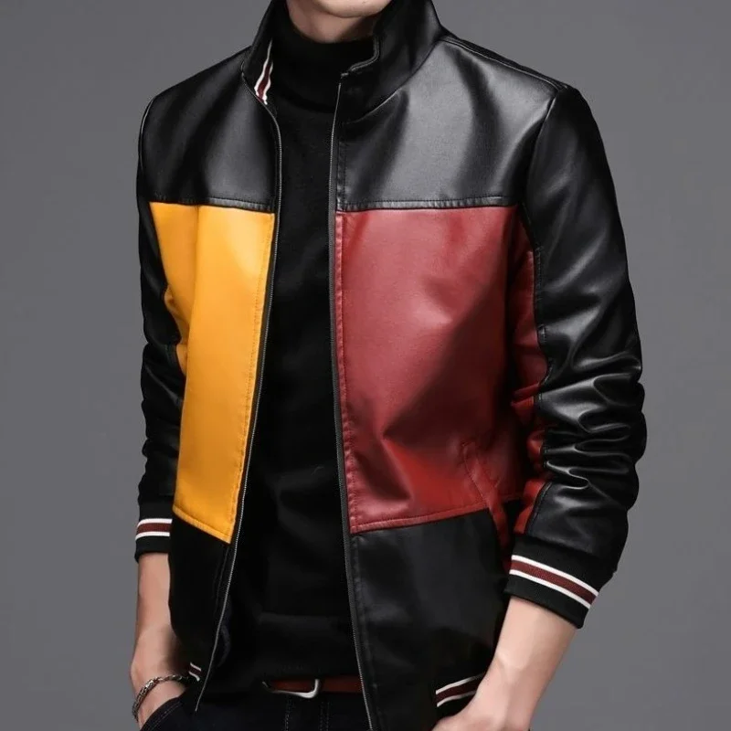 

2025 Autumn Winter Men's PU Leather Jacket Business Casual Stand Collar​ Two Tone Contrast Warm Faux Fur Loose Fit for Layering
