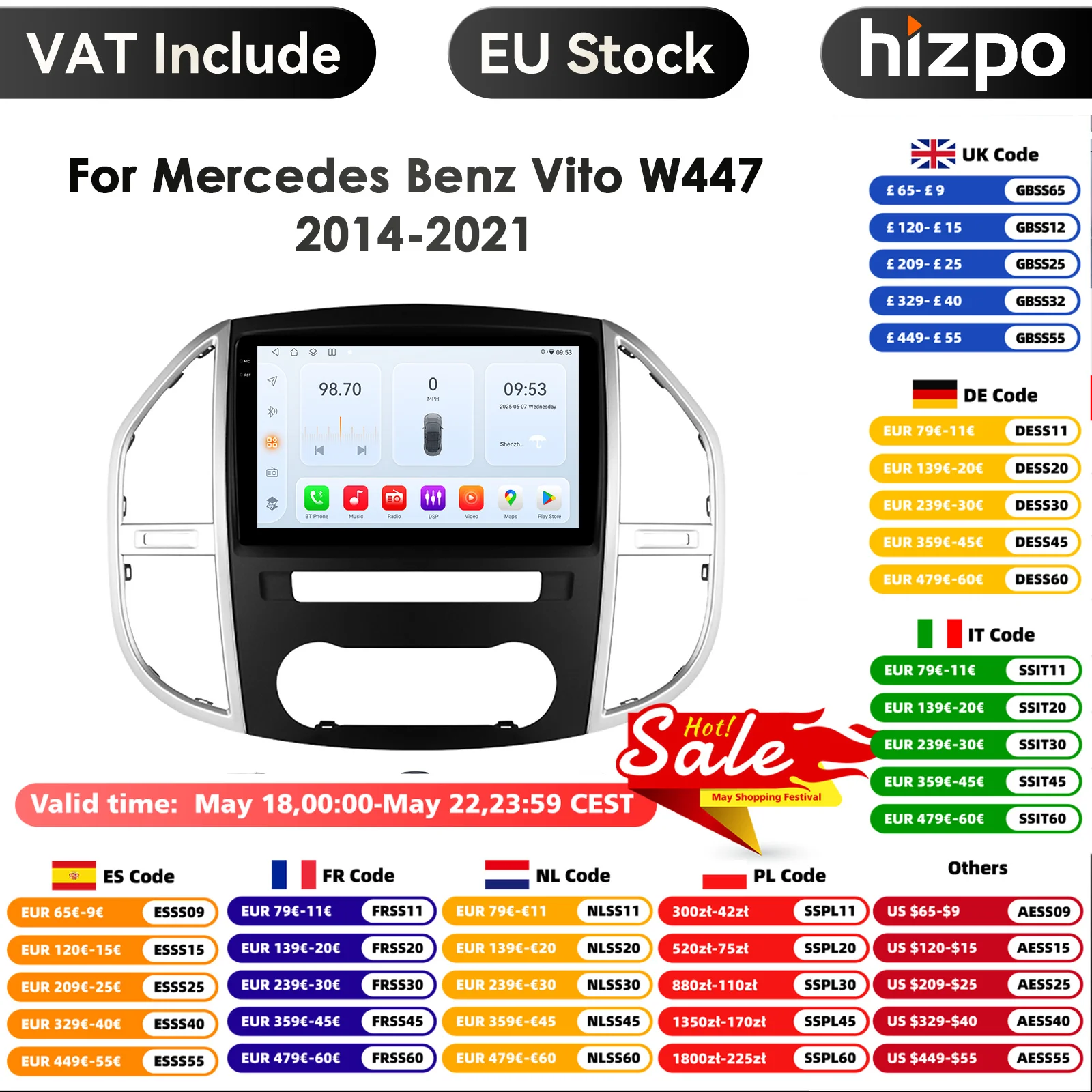 Hizpo 10,1 pulgadas 6115 pantalla inteligente Android Radio de coche para Mercedes Benz Vito W447 2014 - 2021 navegación GPS Carplay 4G Autoradio estéreo Snapdragon de Qualcomm 8-Core 2.0Ghz 6115 QLED Audio FM RDS 360 °   Unidad principal de cámara ADAS SWC DAB Bluetooth DVR