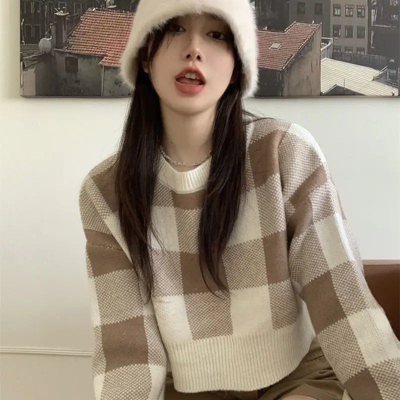 

Contrast check sweater women spring and autumn loose 2023 casual coat design sense minority knitwear sweater pullover female top