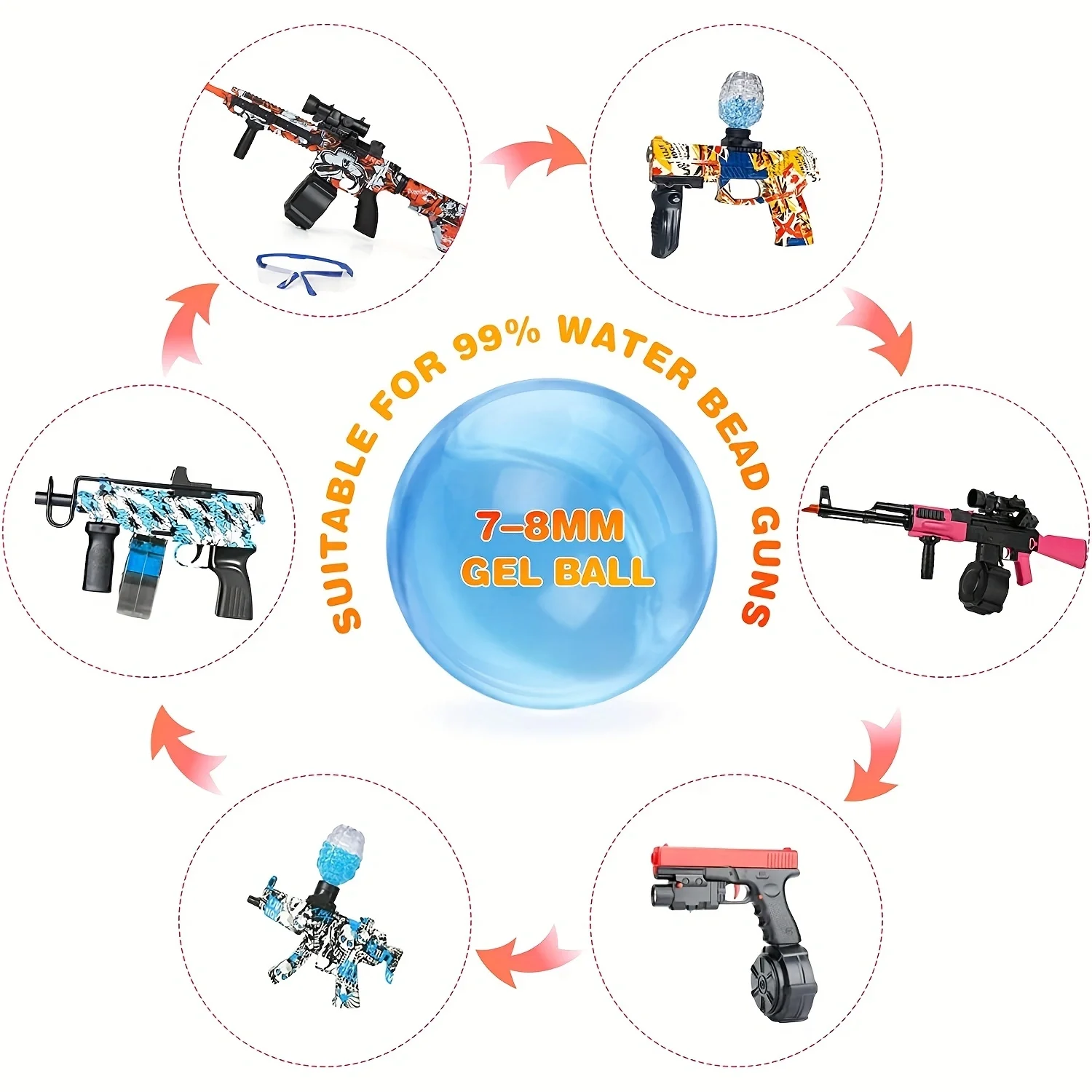 Gel Ball Blaster Navulling Splat Orby Rounds (7-8 mm, 10 verpakkingen, 10.000 stuks per verpakking), niet-giftig op waterbasis voor kinderen vanaf 14 jaar blauw