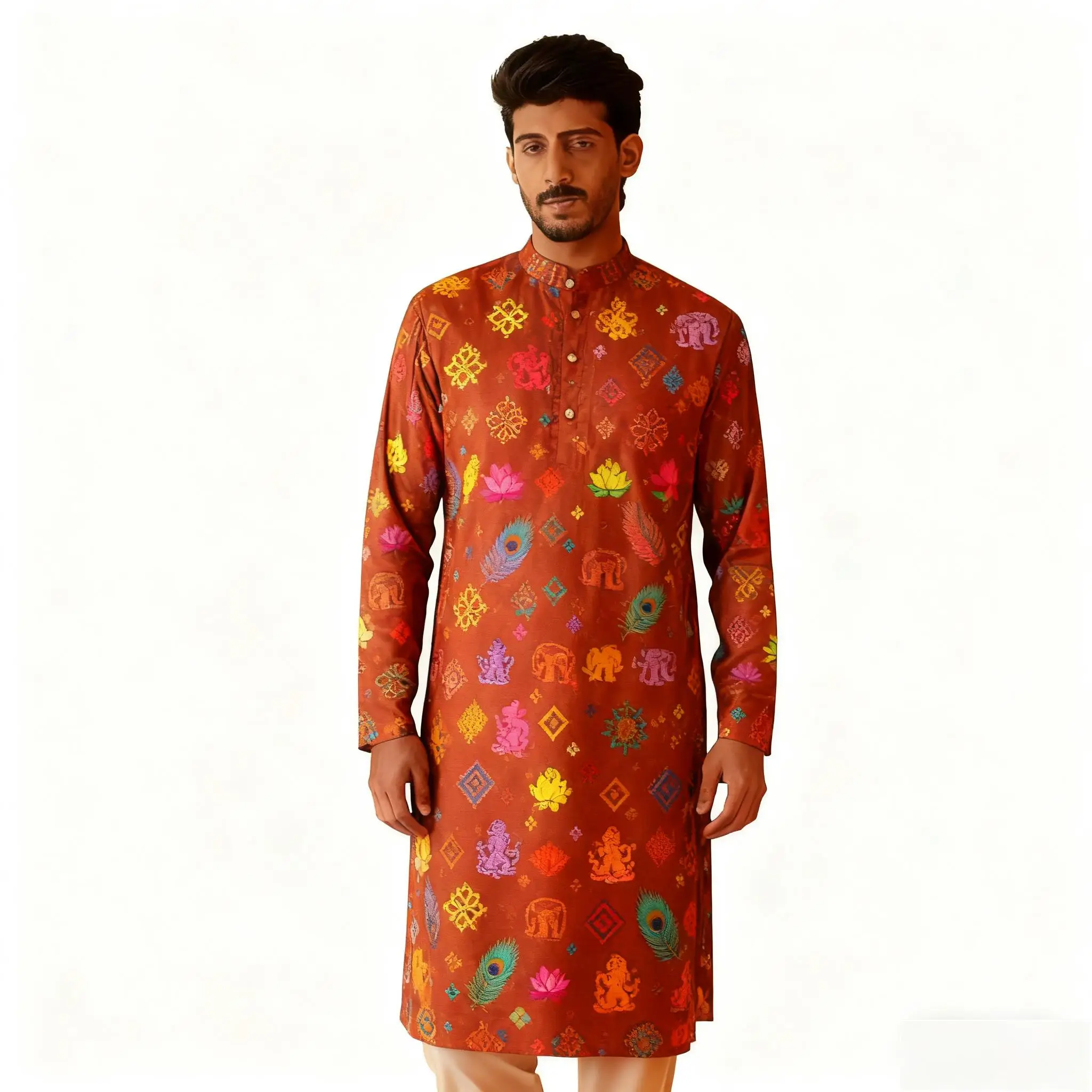 新メンズデジタルプリントクルタヴァルダレギュラーフィットマンダリンカラーロング丈あらゆる場面に適したジャバドールモロッコ男性ムスリム男性