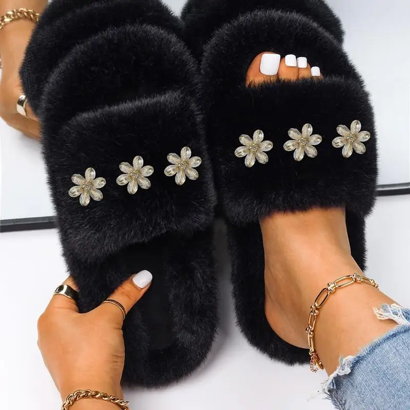 Fashion Women Home Faux Fur Slippers Winter Warm Luxury Flip Flops Crystal Flower Decor Sandals Plush Footwear Shoes