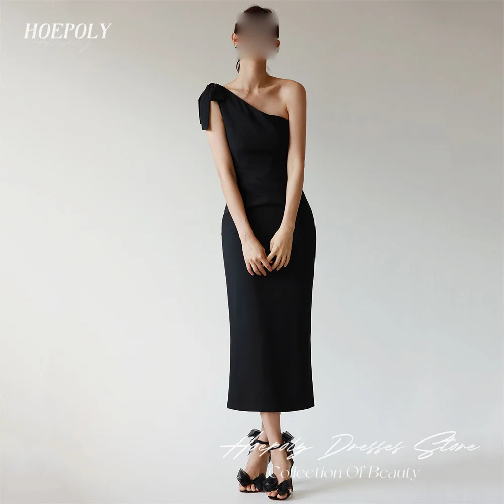 

Hoepoly Black Formal Pleat Bow Mermaid Sleeveless One Shoulder Long Evening Dress Tea Length Classy Elegant Prom Gown New 프롬드레스