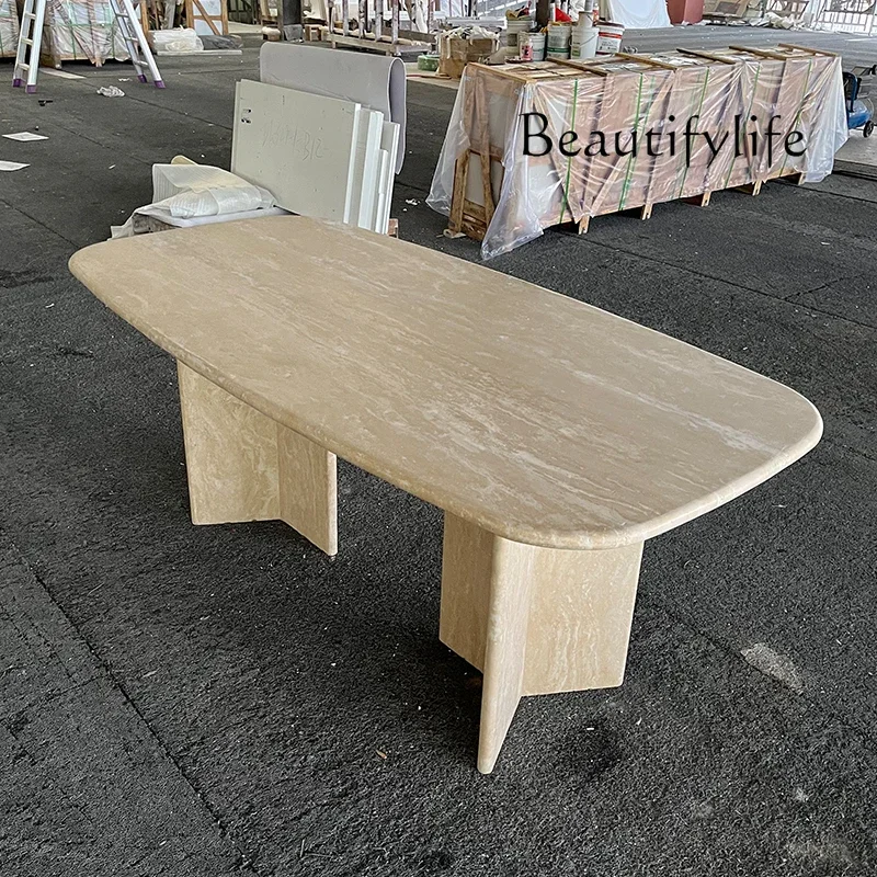 

M Light Luxury Simple Natural Marble Long Table Japanese Wabi-sabi Wind Small Apartment Travertine Dining Table