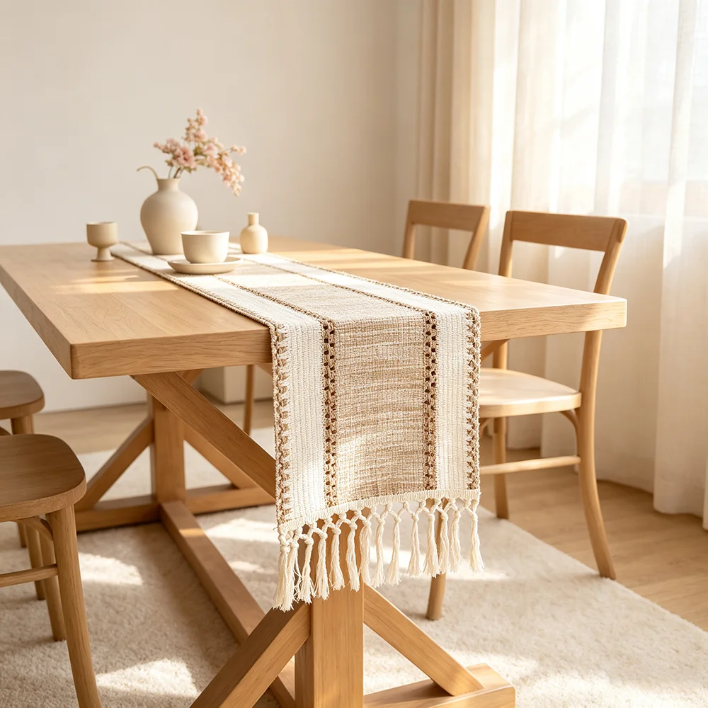 1pc Dining Table Runner Polyester Tassel Trim Multi Purpose Table Shield Kitchen Entryway Table Cloth Minimalist Farmhouse Decor