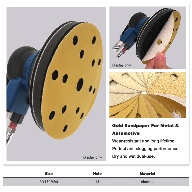 5-20Pcs Yellow 6 Inch 150mm 15 Holes Hook Loop Gold Sanding Disc Sandpaper 40#-1000# for Auto Body Wood Furniture Polishing