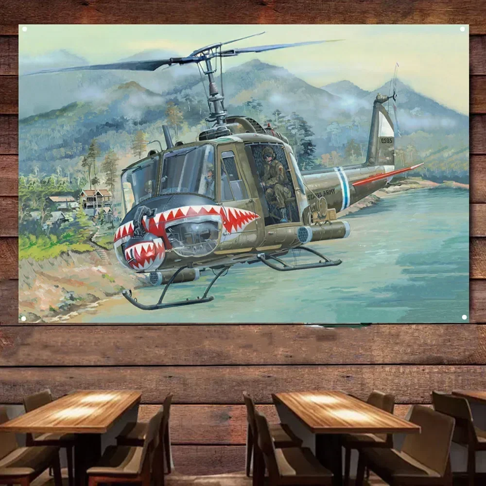 UH-1B Huey Attack Helicopter Picture Wall Flag, Air Force Wall Art Poster Artwork Banner With 4 Metal Ring Buckles Ready to Hang