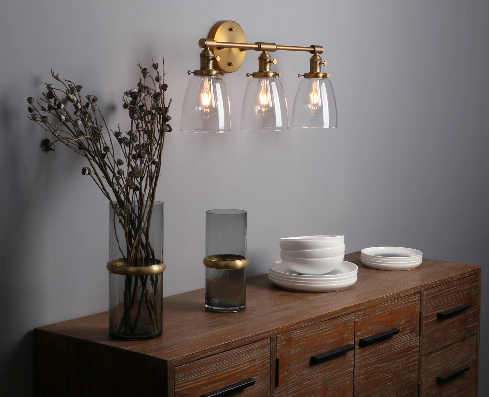 Permo 3 Light Industrial Wall Sconce Black Sconces with 5.5 Inches Dome Shape Clear Glass Shade