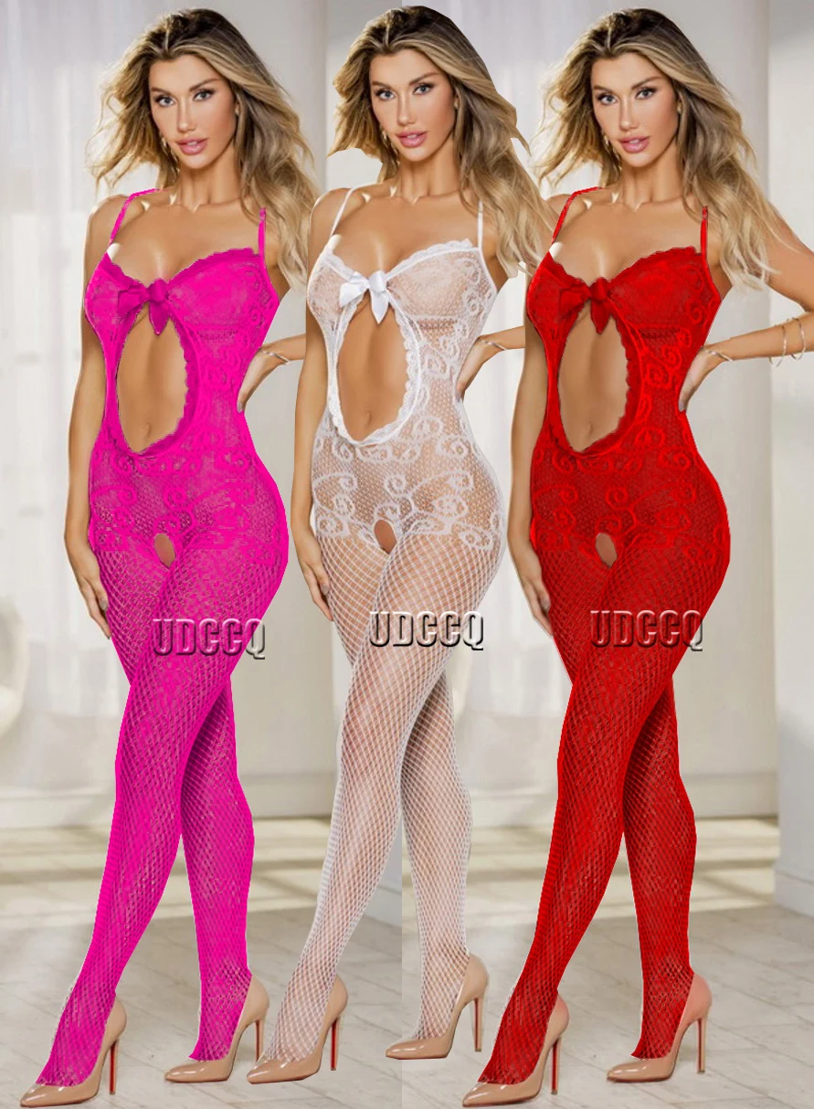 Sexy female babydoll dress female underwear costumes sleepwear pajamas chemises full body socks Bow lace Open crotch