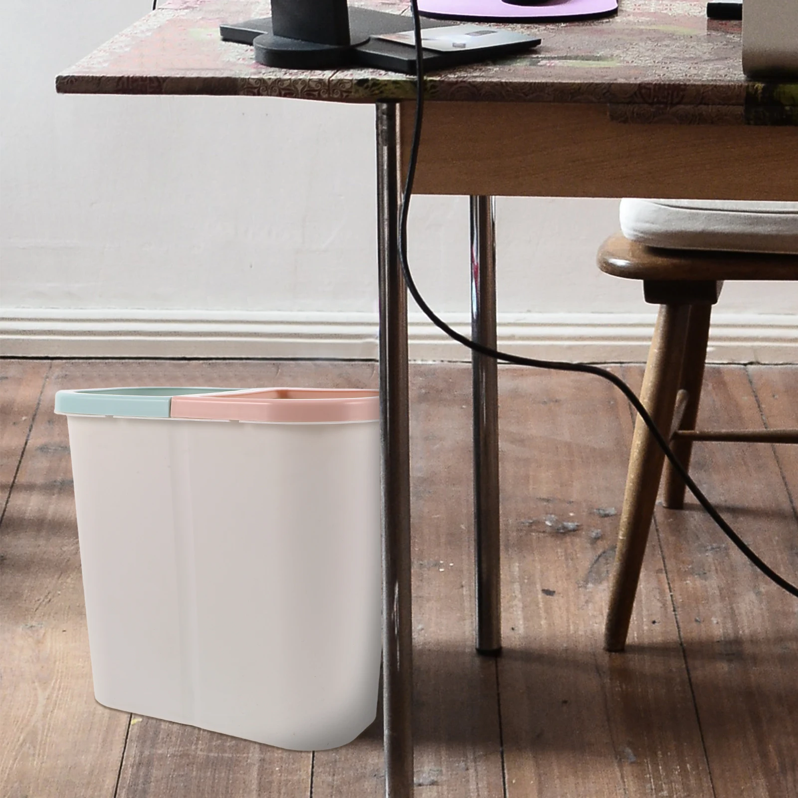 

Garbage Can with Two Compartments White Narrow Design for Home Office Bathroom Kitchen Sorting Dual Trash Recycle Container