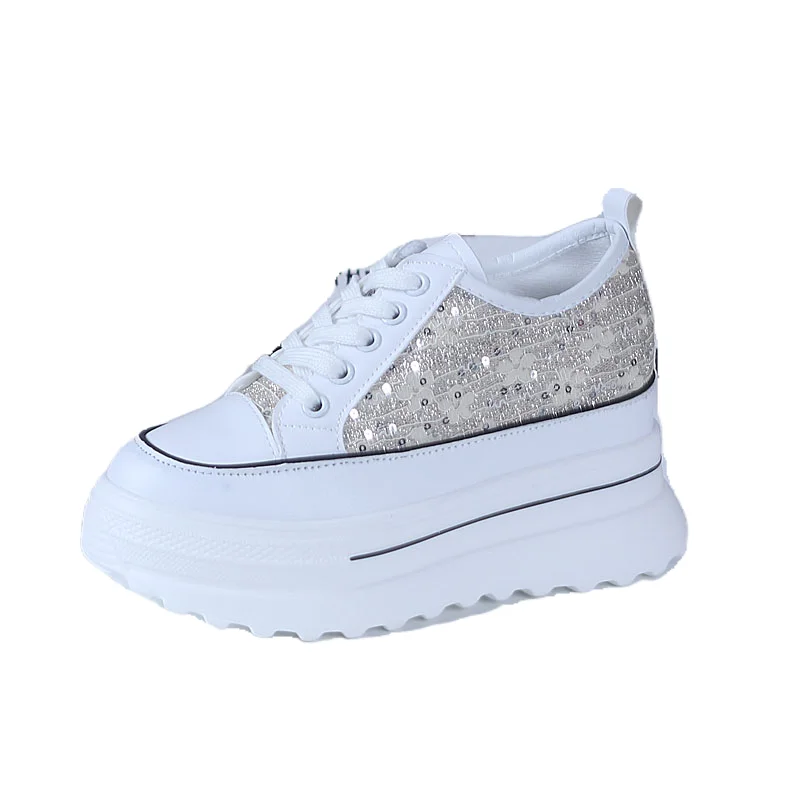 2024 Women\'s Sneakers Spring Sequined Casual Shoes Women Platform Heels Wedges Height Increasing Vulcanized Shoes 9cm