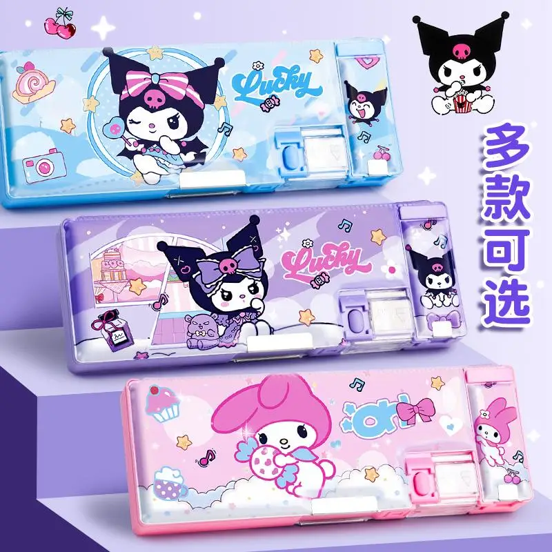 

New Sanrio Stationery Box Kuromi Hello Kitty Multifunctional Pencil Cases Automatic Magnetic Children Pencil Box Opening Gift