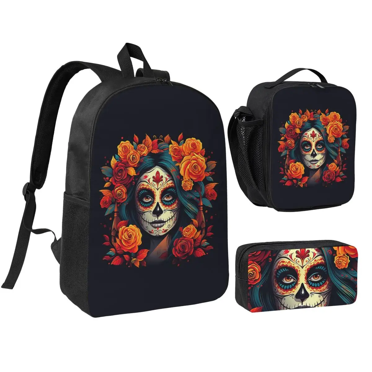 Mexican Skull Calavera Illustration Backpack Student BookBag School Bag Laptop Shoulder Bags 3ps Insulated Lunch Bag Pencil Case