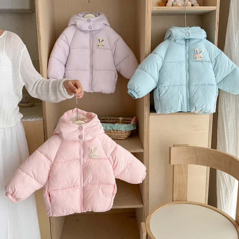 Toddler Girls Hooded Padded Jacket 2026 Autumn Winter Baby Kids Cute Rabbit Towel Embroidery Zipper Warm Thick Outerwear Tops