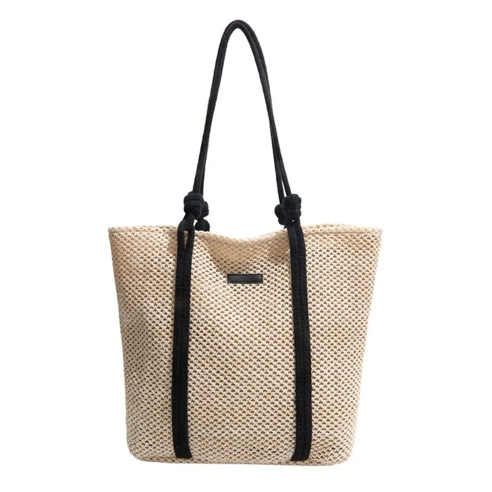Handwoven Texture Straw Tote Bag Open Top Double Shoulder Straps Woven Shoulder Bag Large Capacity Contrast Trim Tote Purse