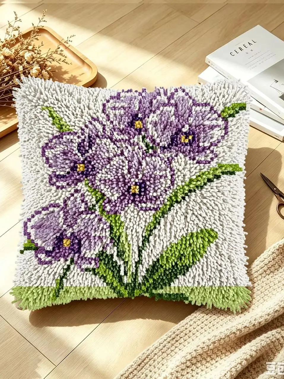 1 Set Lila Orchideen-Knoten-Kissen-Set mit Häkelnadeln, Kissenbezug-Set für Handarbeiten, Häkelnadel-Sets, DIY, anfängerfreundlich, Stickerei – Detail 1