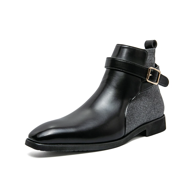 Men Buckle Decor Square Toe Dress Boots Business Office Dress Shoes